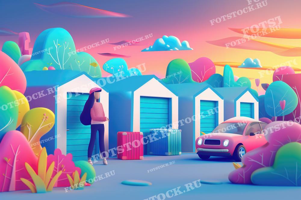 Фотография изображает женщину, стоящую с чемоданами перед складскими ячейками на фоне красочного заката. Рядом припаркован розовый автомобиль. Снимок демонстрирует возможности временного хранения личных вещей в арендованных индивидуальных боксах.